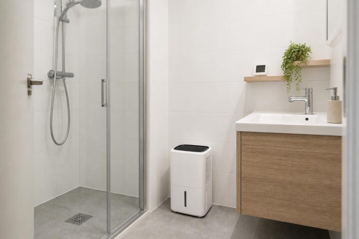 Kleines fensterloses Bad mit kompaktem Luftentfeuchter neben der Dusche und digitalem Hygrometer im Regal