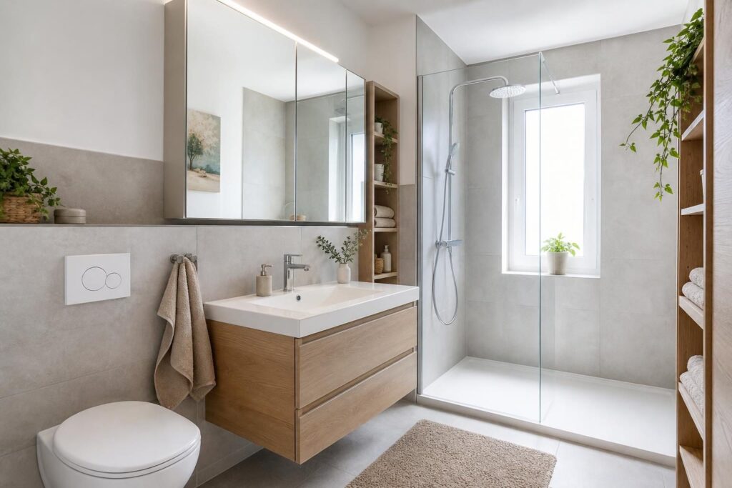 Kleines, modern eingerichtetes Badezimmer mit Hängewaschtisch, Spiegelschrank, schmalem Hochregal und Glasduschwand