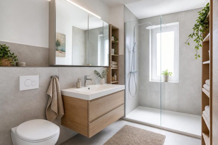 Kleines, modern eingerichtetes Badezimmer mit Hängewaschtisch, Spiegelschrank, schmalem Hochregal und Glasduschwand