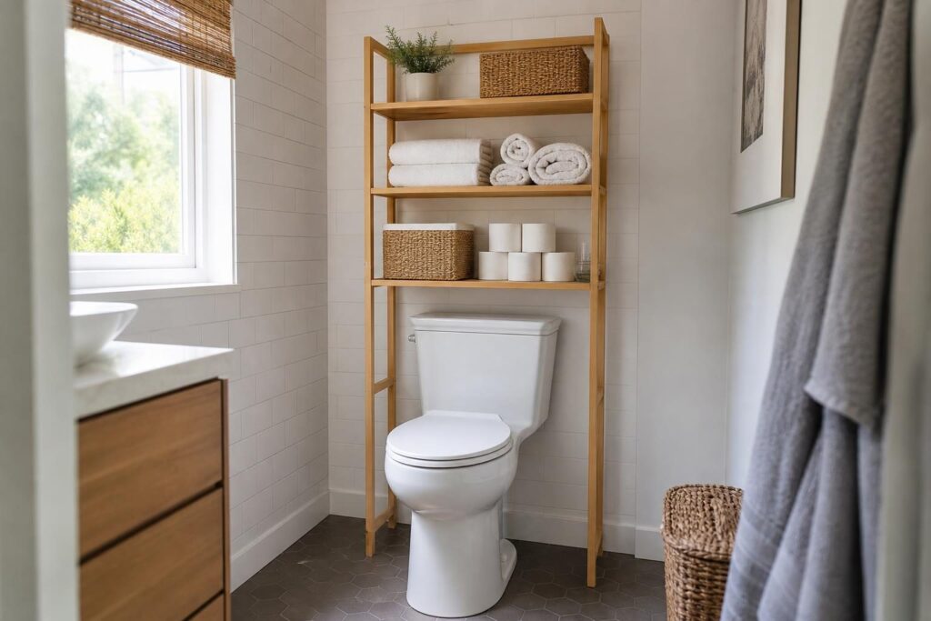 Schmales Bambusregal über einer weißen Toilette mit gerollten Handtüchern, Körben und Pflanze