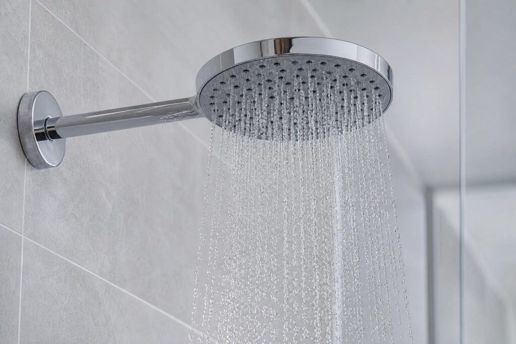 Moderner runder Chrom-Duschkopf mit gleichmäßigem Wasserstrahl in einer hell gefliesten Dusche